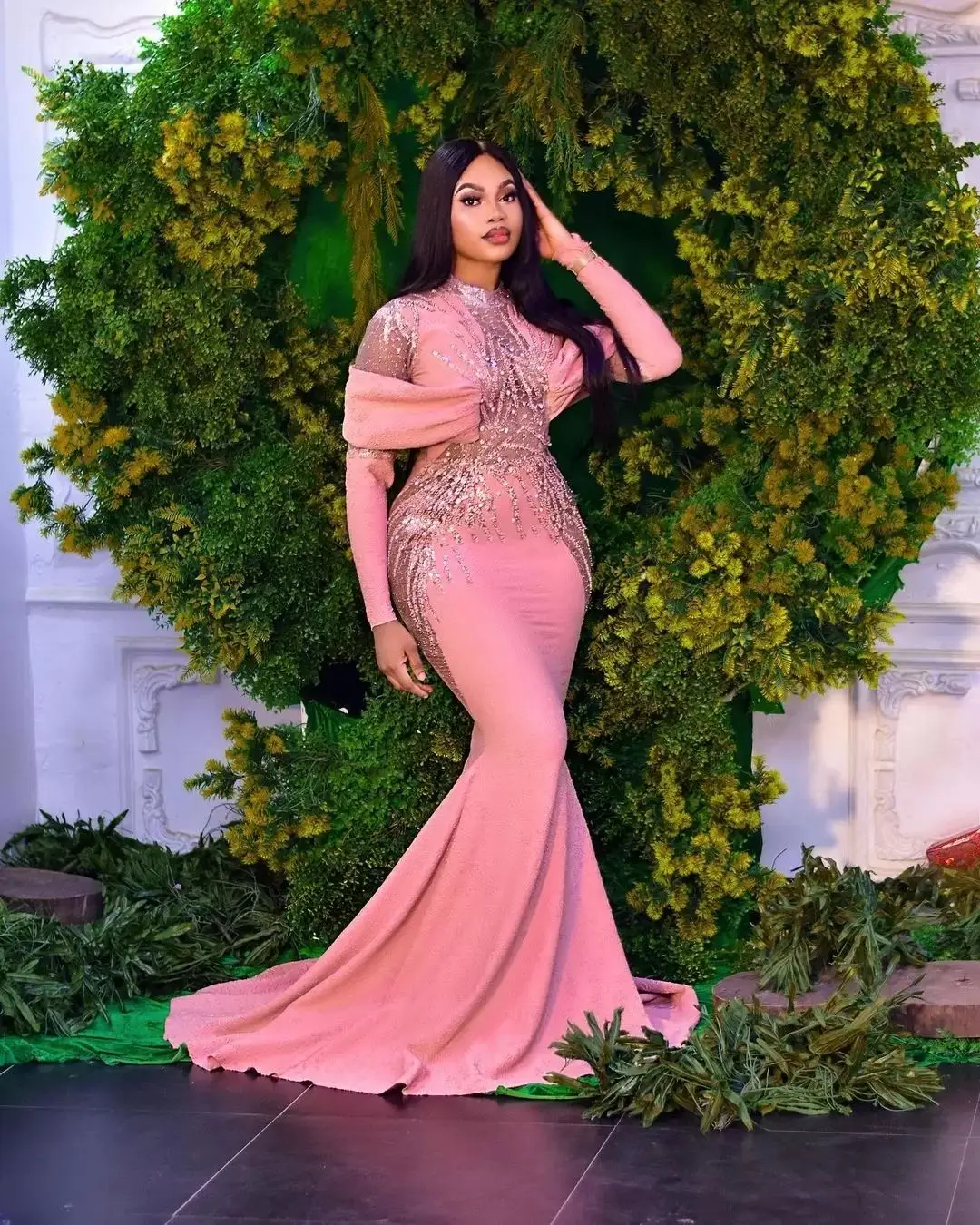 

Illusion Pink Sexy Prom Dresses Arabic Aso Ebi Mermaid Luxurious Evening Gowns Long Sleeve Beaded Sequins Formal Party Reception