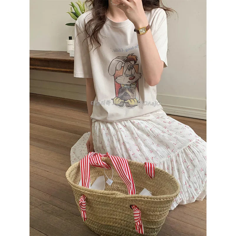 

Women Cotton T-shirt Cartoon Print Short Sleeve T-shirts Loose Casual All-match O-neck T Shirt Korean Style Tess Female Clothing