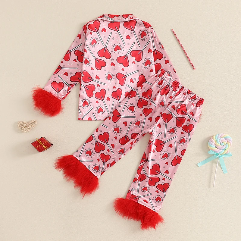 Toddler Kids Baby Girl Valentine's Day Pajamas Sets Satin Heart Print Long Sleeve Feather Trim Button Shirts Pants Sleepwear