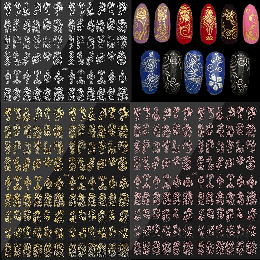 

108 Design Nail Decals, 3D Retro Bronzing Nail Decals for Manicure Salon and Home (Gold) Flower Nail Sticker 18x21cm Large Stick