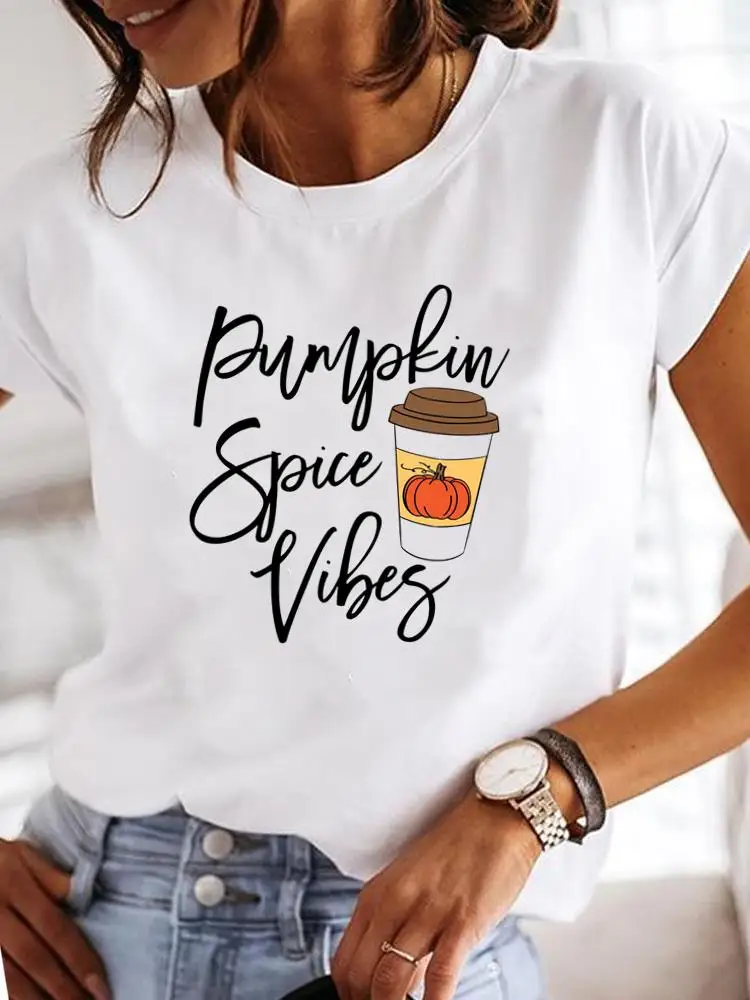 

Футболка женская с надписью тыквы, милая одежда на Хэллоуин, День благодарения, Осень-осень, модный топ с графическим принтом