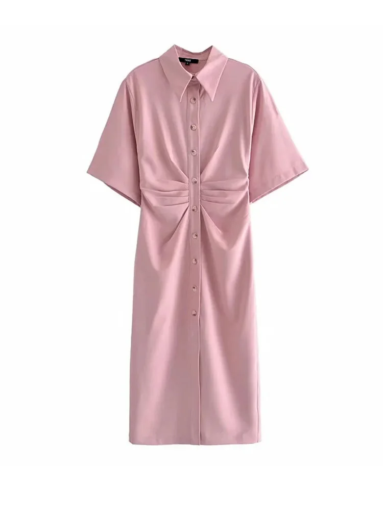 

Draped Midi Shirt Dress Women Chic Fashion Button-up Vintage Short Sleeve Side Zipper Polo Neck Female Vestidos Korean Elegant
