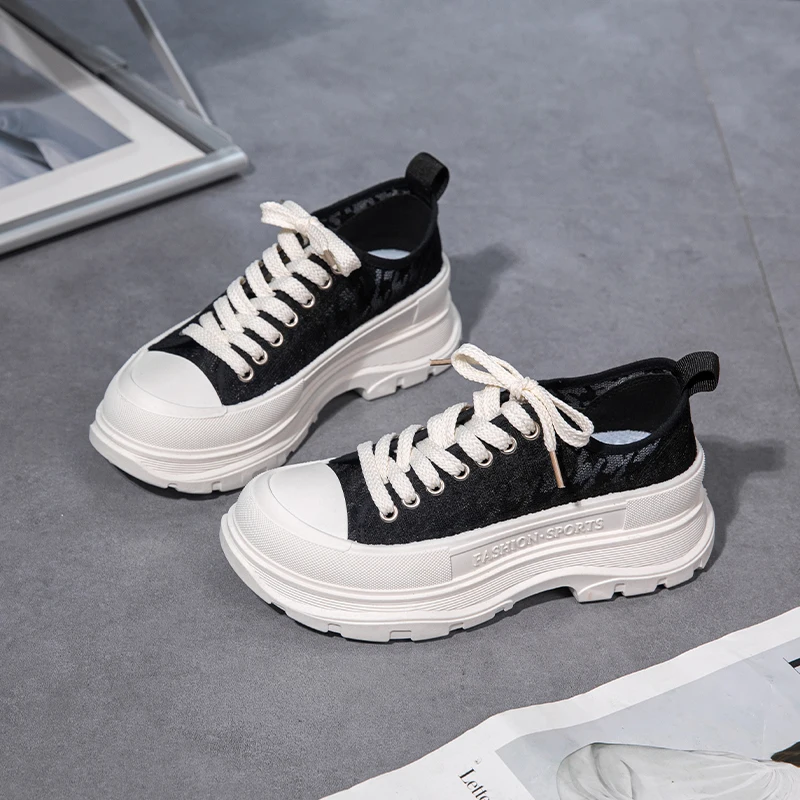 2023 Summer Lace Breathable Shallow Mouth White Shoes Women's Thick-bottomed Hidden Heel Casual All-match Sneakers Pink
