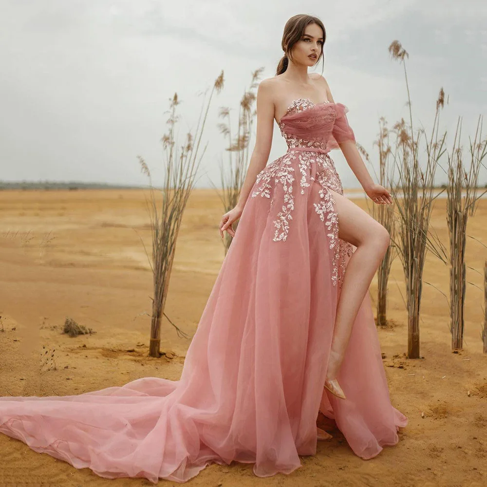 

Exquisite Formal Evening Dress A-Line AppliquesTulle Sweetheart One Shoulder Straps Prom Gowns Sexy High Slit Party Dress