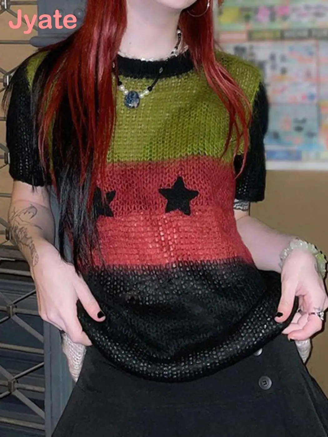 

Футболка Jyate Y2k Женская трикотажная в стиле пэчворк, уличная одежда, прозрачная рубашка с коротким рукавом, ретро эстетический Сказочный Топ...