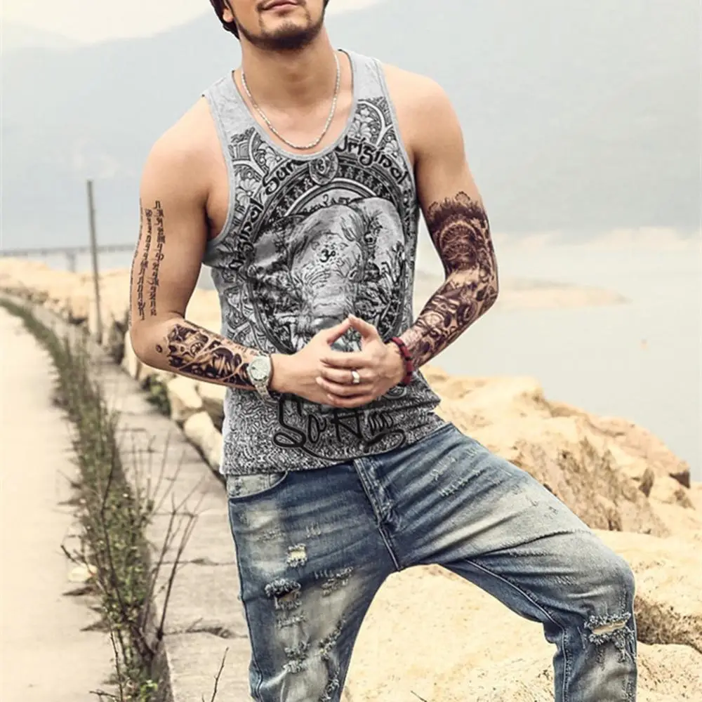 

Vintage Elephant Print Men Summer Bodybuilding Vest Loose Sleeveless Tank Top