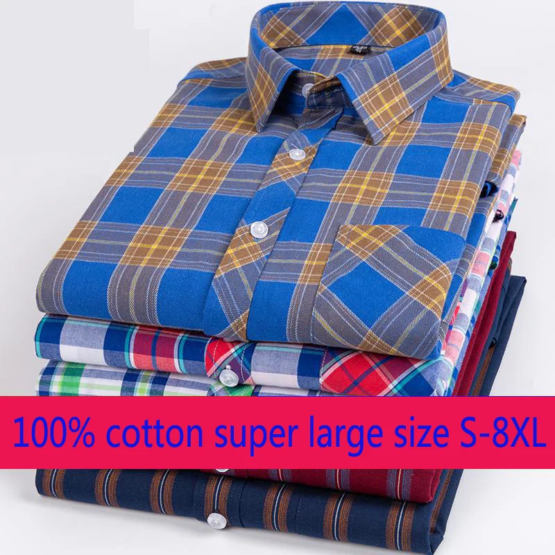 New Arrival Super Large Fashion 100% Pure Cotton Plaid Long Sleeve Summer Thin Loose Casual Shirts Men Shirt Plus Size S-7XL 8XL