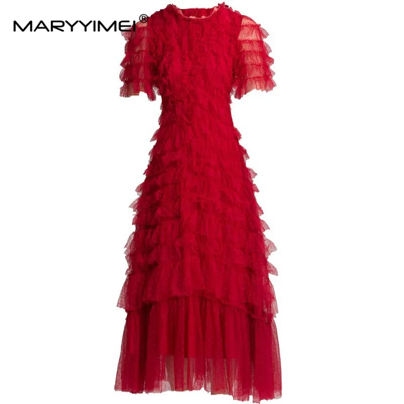 

Модное дизайнерское платье MARYYIMEI, летнее женское платье, облегающие красные Клубные платья с коротким рукавом и каскадными оборками