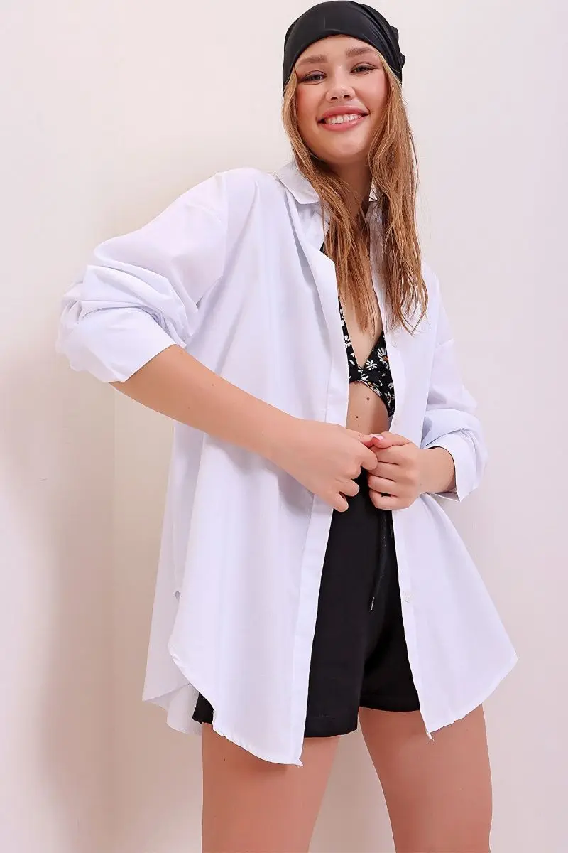 

Women white Oversize long woven shirt ALC-X6828