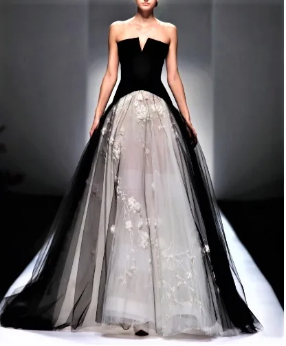 

Вечернее платье до пола из черного бархата и тюля, без бретелек