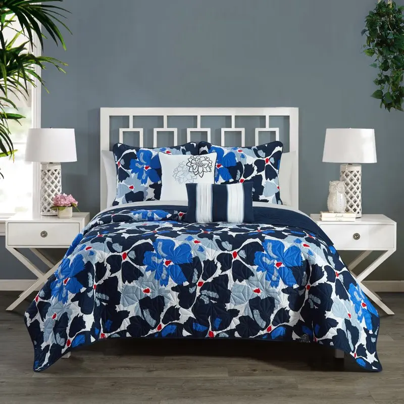 

Astra 5 Piece Quilt Set Contemporary Floral Design Bedding - Decorative Pillows Shams Included, , Blue