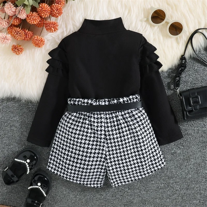 

Toddler Girl Autumn Clothes Set Ruffled Long Sleeve High Neck Ribbed Pullover Houndstooth Print Shorts Belt