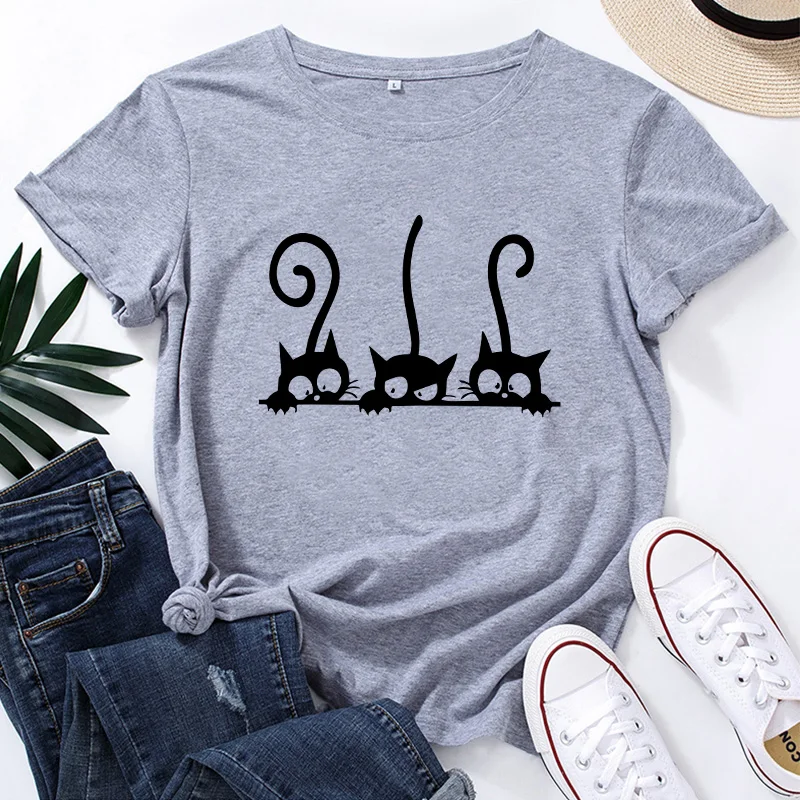 

Summer Hot Sale Women's Cat Printed T-shirts High Quality Pure Cotton Tops Ladies Daily Casual Fashion Cute Blouse