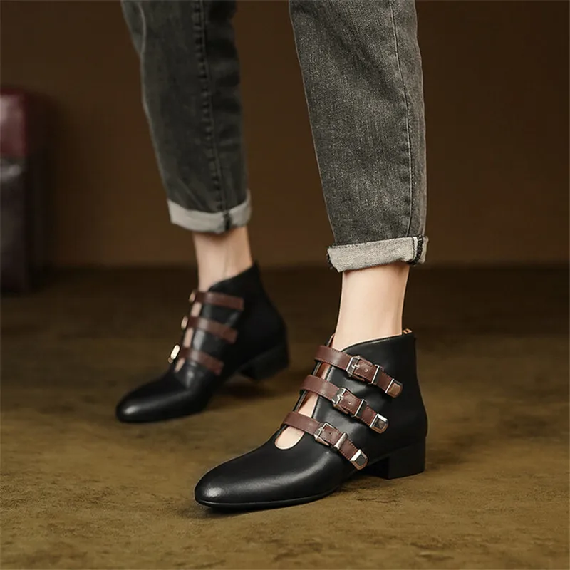 

New 2022 Autumn Split Leather Women Boots Round Toe Ankle Boots Shoes for Women Chunky Heels Low Heel Mixed Color Women Pumps