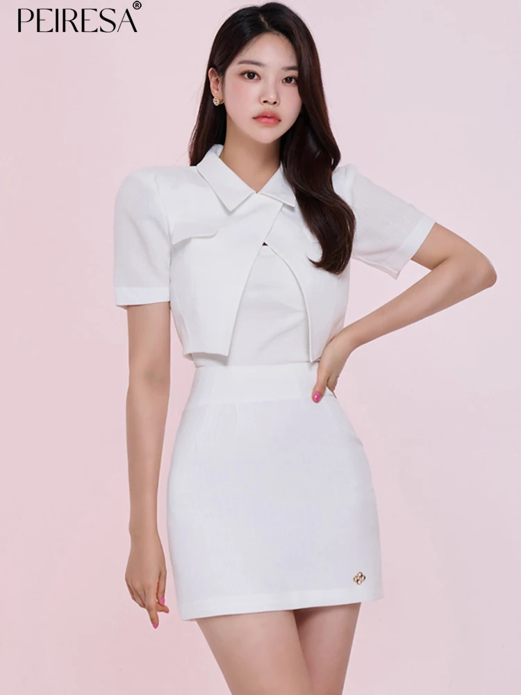 

PEIRESA 2023 Summer New Office Lady Skirt Three Piece Set For Women Bodycon Split Lapel Short Sleeve Tops + Sling + Mini Skirt