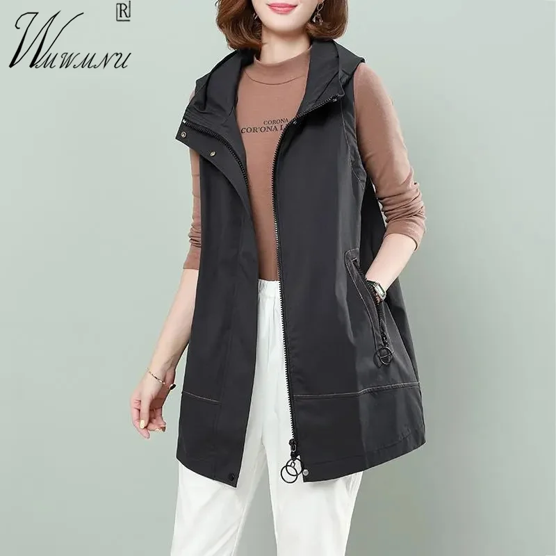 

Oversize 5xl Mom's Hooded Black Vest Casual Mid Length Sleeveless Jackets Thin Women Tops Fashion Loose Spring Summer Chalecos