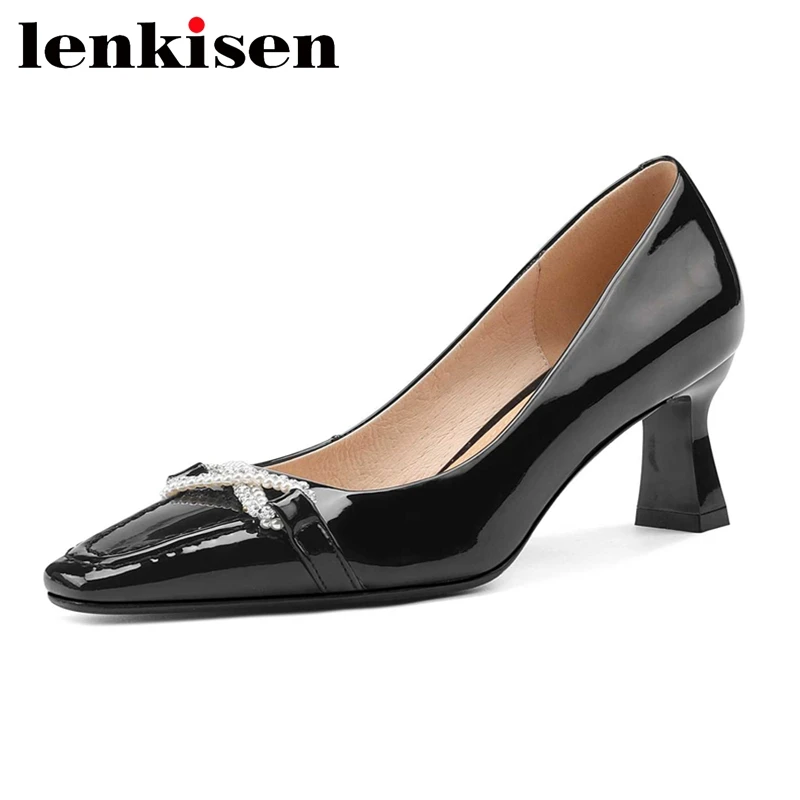 

Lenkisen patent leather square toe high heels pearl rhinestone French romantic beauty lady dating slip on sweet women pumps L75