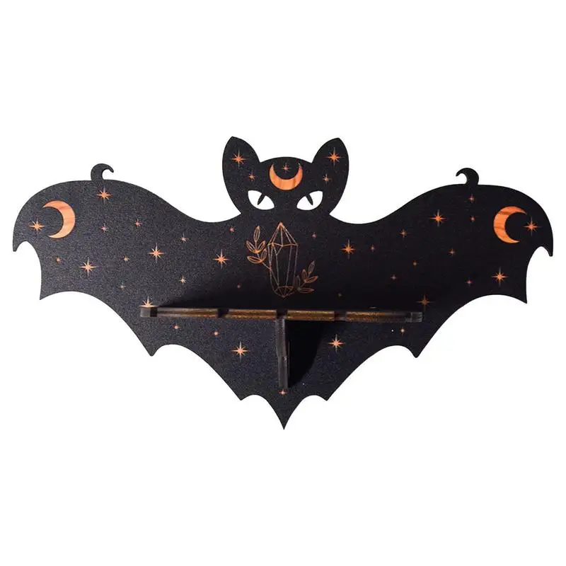 

Bat Crystal Holder Wall Storage Holder Black Bat Hanging Shelf Wooden Moon Vampire Bat Candle Stand For Goth Kitchen Bedroom