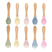 2pcs baby fork silicone wooden baby solid feeding spoon fork set toddlers infant feeding accessories supplies bpa free