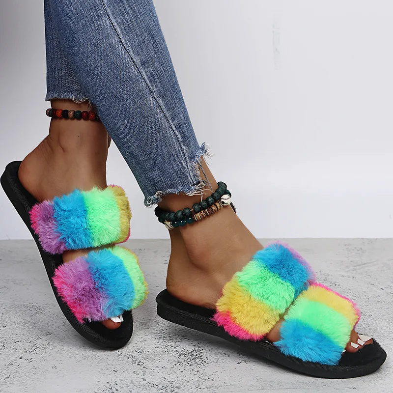 Large Size Color Wool Slippers Women Fall/winter Home Furnishing Cotton Slippers Fashion Word Slippers Women's Outer Wear