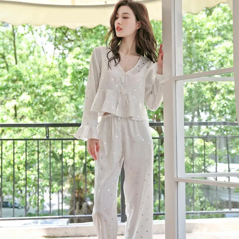 

Женские пижамы из 2 предметов, комплект из двух предметов, домашняя одежда из вискозы, брюки с длинным рукавом, Пижамный костюм, интимное белье, весна-осень