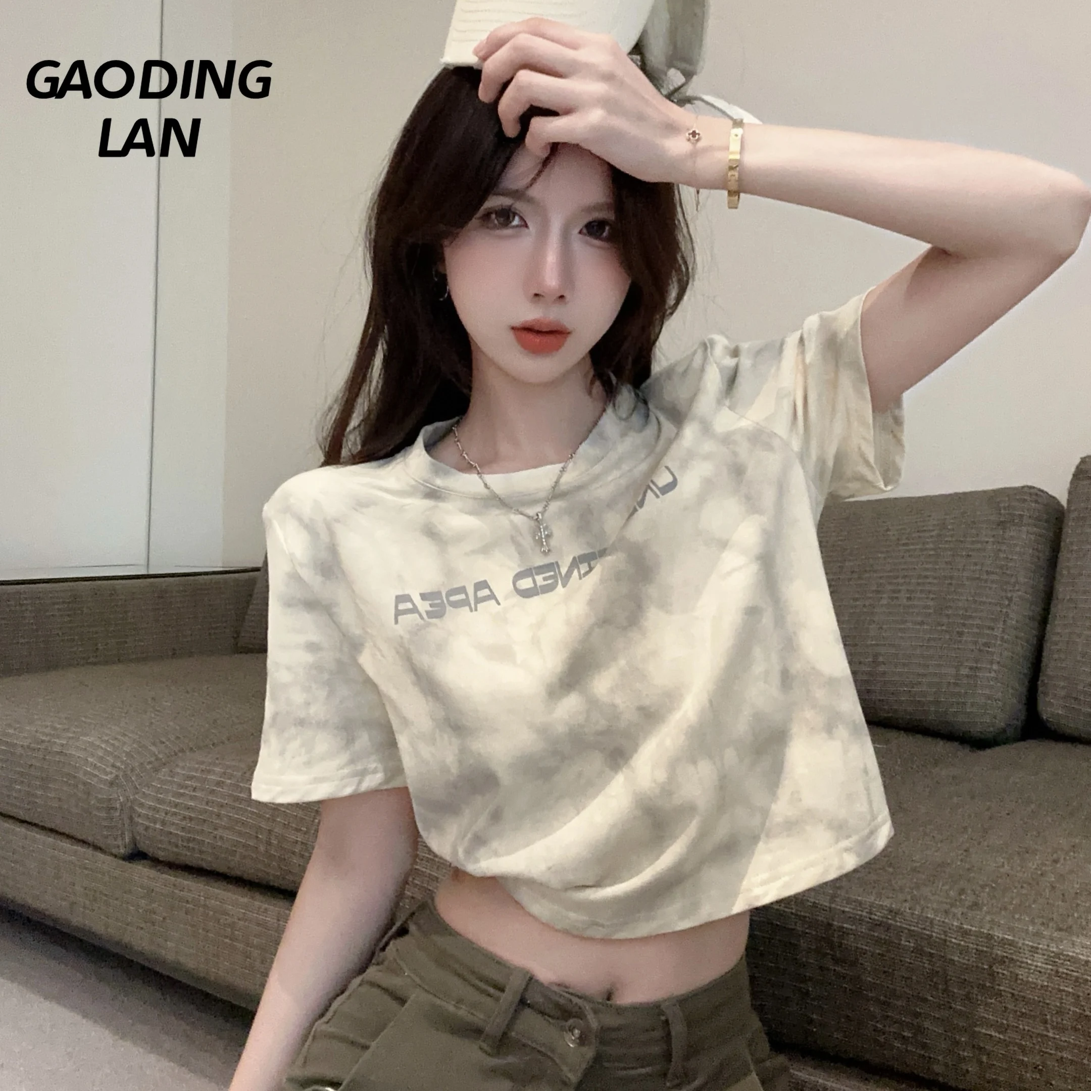 

Gaodinglan Letter Print Camouflage Women Short Sleeve Tops Summer Sexy Expose Navel Short Tees High Street Wear Loose T-shirts