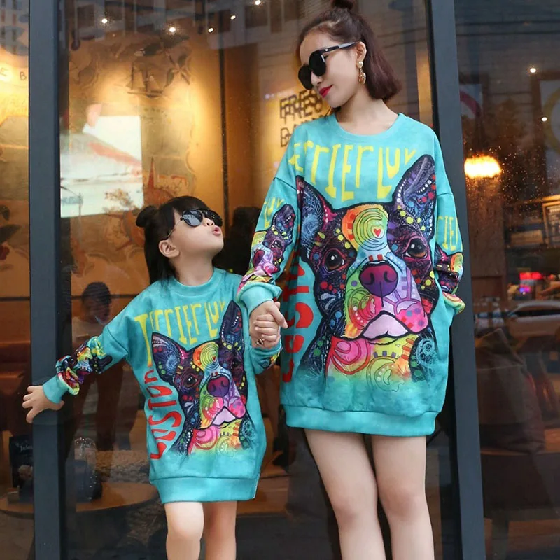 Mother Daughter Dress Long Sweatshirts Women Girl Long Sleeve Print Sweatshirt Dress Casual Family Matching Mommy And Me Clothes