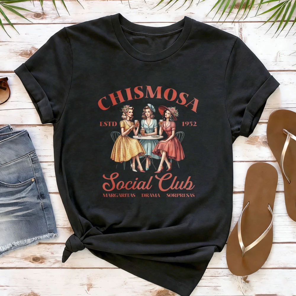 Фото Футболка Chismosa Social Club: Забавный подарок для латиноамериканок, модная хиспанская футболка, ретро-футболка для женщин в мексиканском стиле, повседневные женские рубашки №5