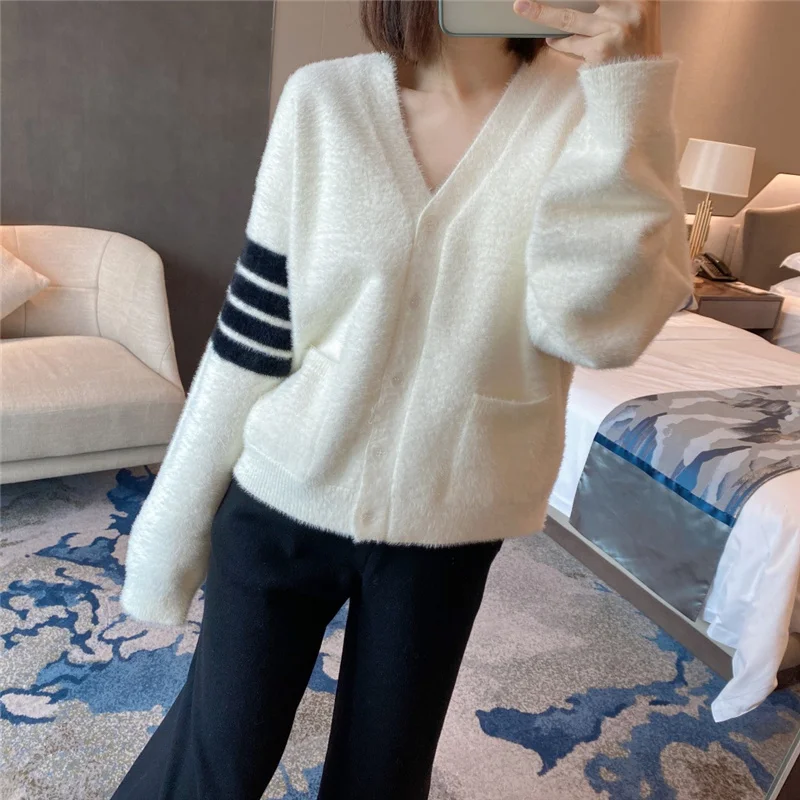 High Quality Korean Style Autumn and Winter Lazy Cardigan Imitation Mink Loose Wind Sweater V-neck TB Short Jacket Tide Brand
