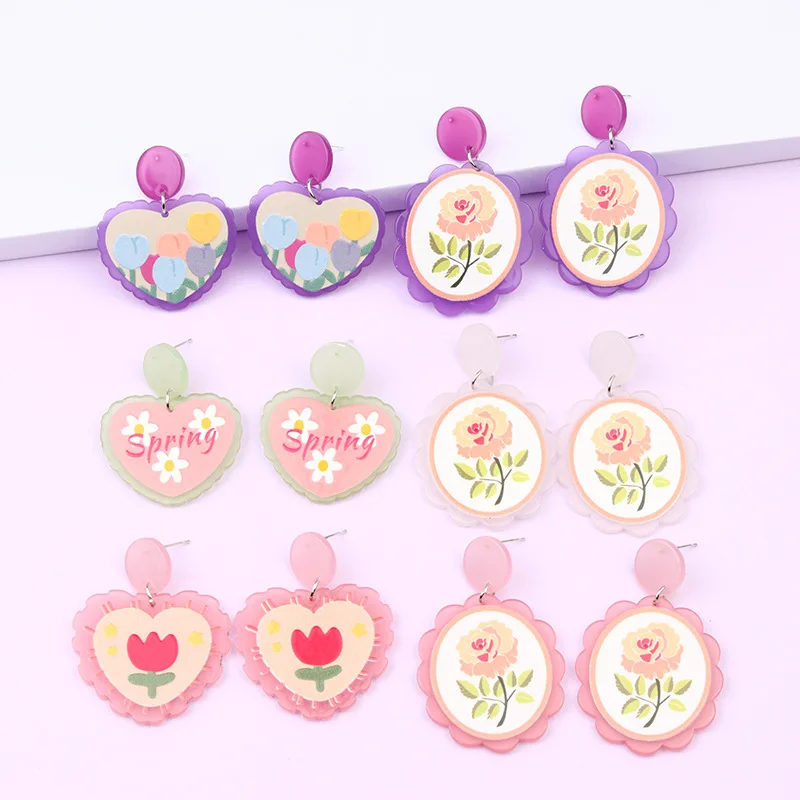 

Korean Style Cute Acrylic Flower Stud Earrings for Women Girl Heart Shape Sweet Earring Femme Brinco Summer Jewelry Party Gifts
