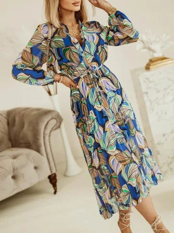 Sexy V Neck Boho Lantern Long Sleeve Beach Dress Elegant Print Chiffon Retro Female Dress Fashion Lace-up Pleated Party Dresses