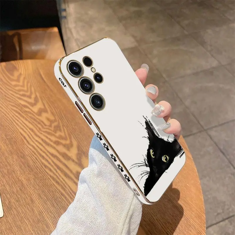 Cold Black Cat  Luxury Plating Phone Case For Samsung Galaxy S23 S22 S21 S10 S9 S8 Plus Note 20 ultra 10 Plus Cover