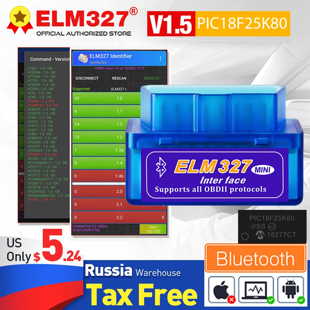 OBD2 сканер ELM327 V1.5 PIC18F25K80 Bluetooth-совместимый ELM 327 V2.1 WIFI считыватель кодов для Android ПК