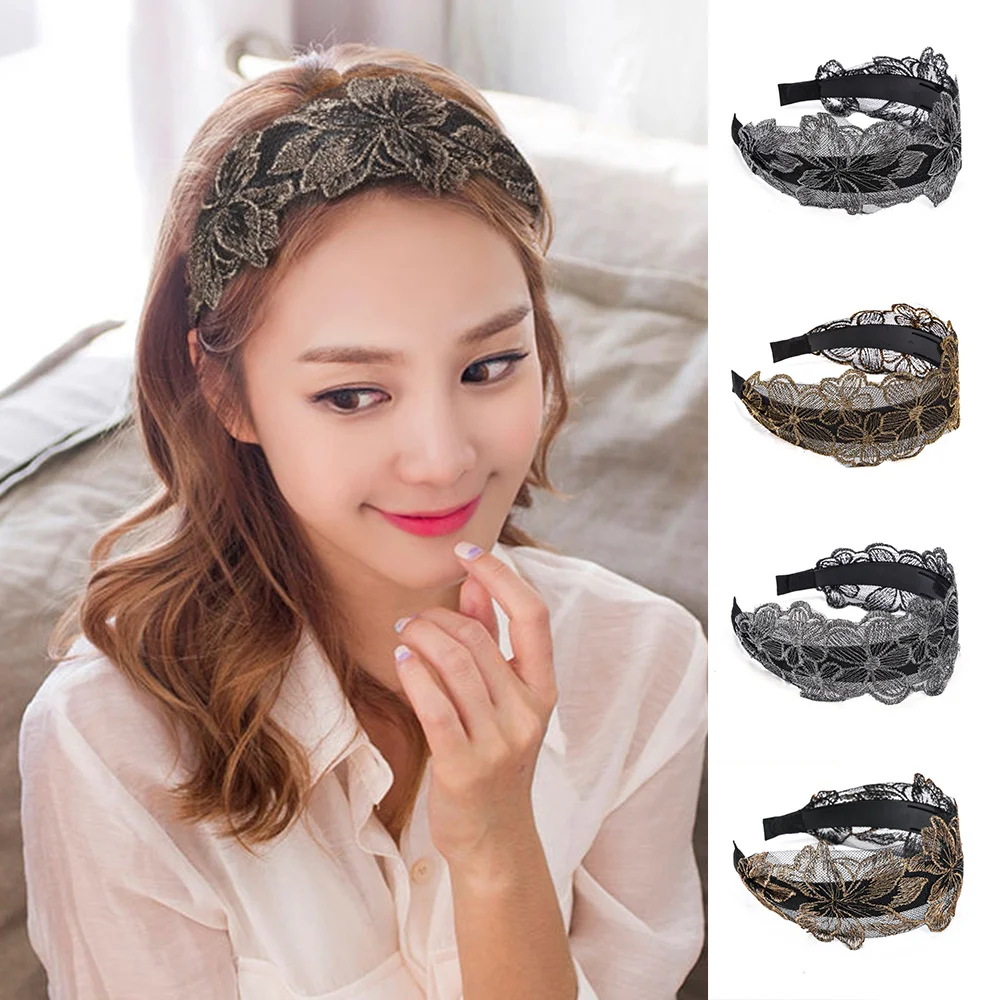 

Headband Wide Side Embroidered Golden Silk Hair Ring Non-Slip Hair Accessories Hairbands for Ladies NOV99