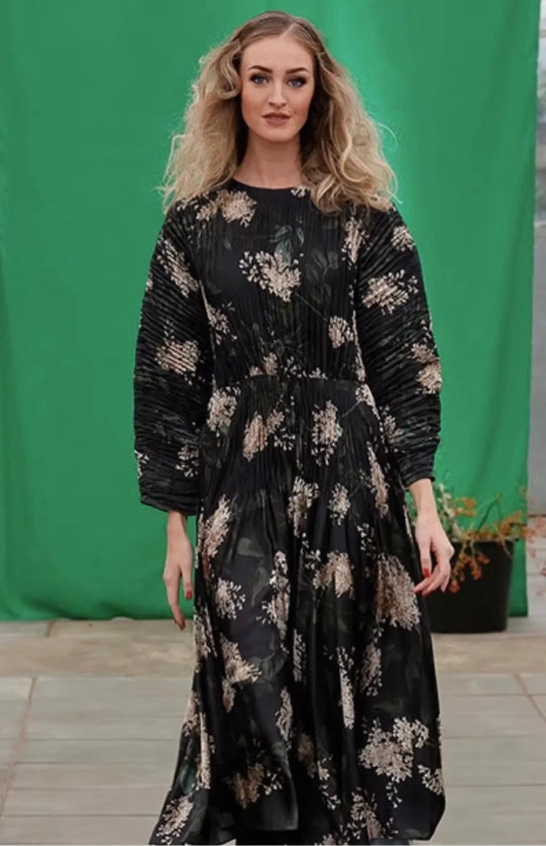 

Vin** Spring/Summer Women Dress Pleated Slash-Neck 3/4 Sleeve Floral Printing Vintage Ankle-Length Empaire Waist