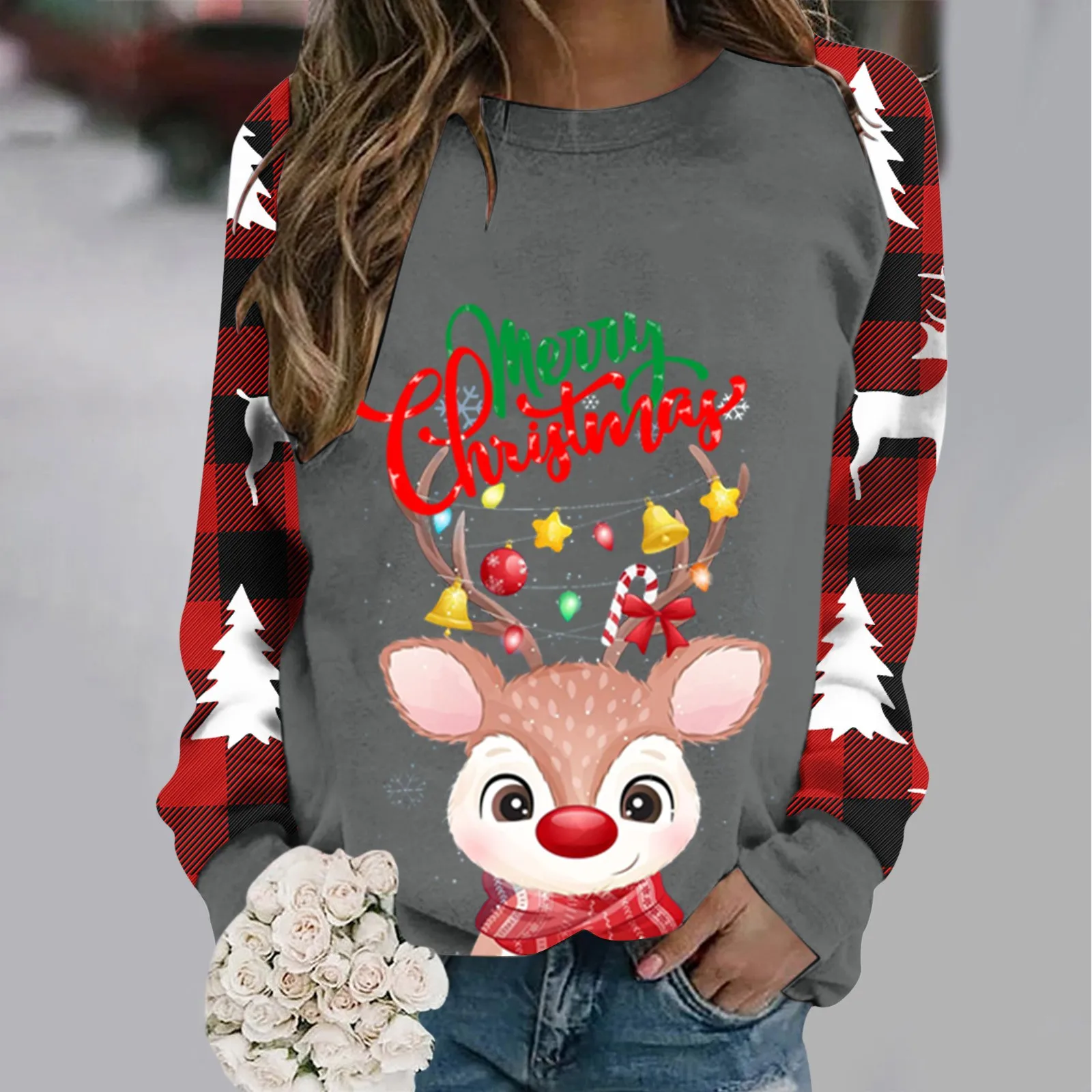 

Рождественский Женский Пуловер женский свитер с длинным рукавом, вырезом лодочкой, принтом оленя и буквами, пуловер женский свитер без капю...