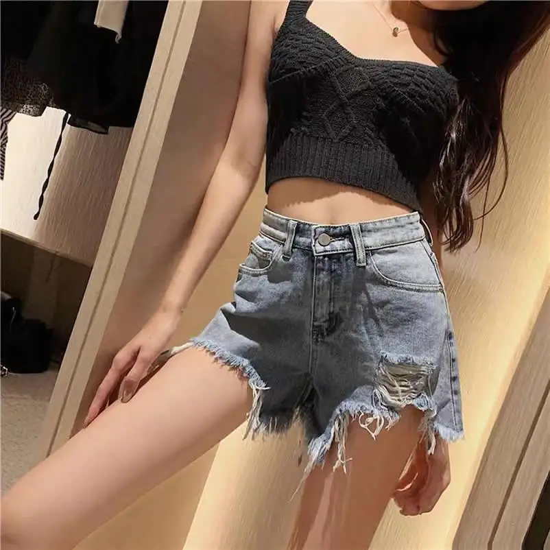 New Casual High Waist Denim Shorts Women Summer Pocket Tassel Hole Ripped Jeans Female Femme Short Pants N36