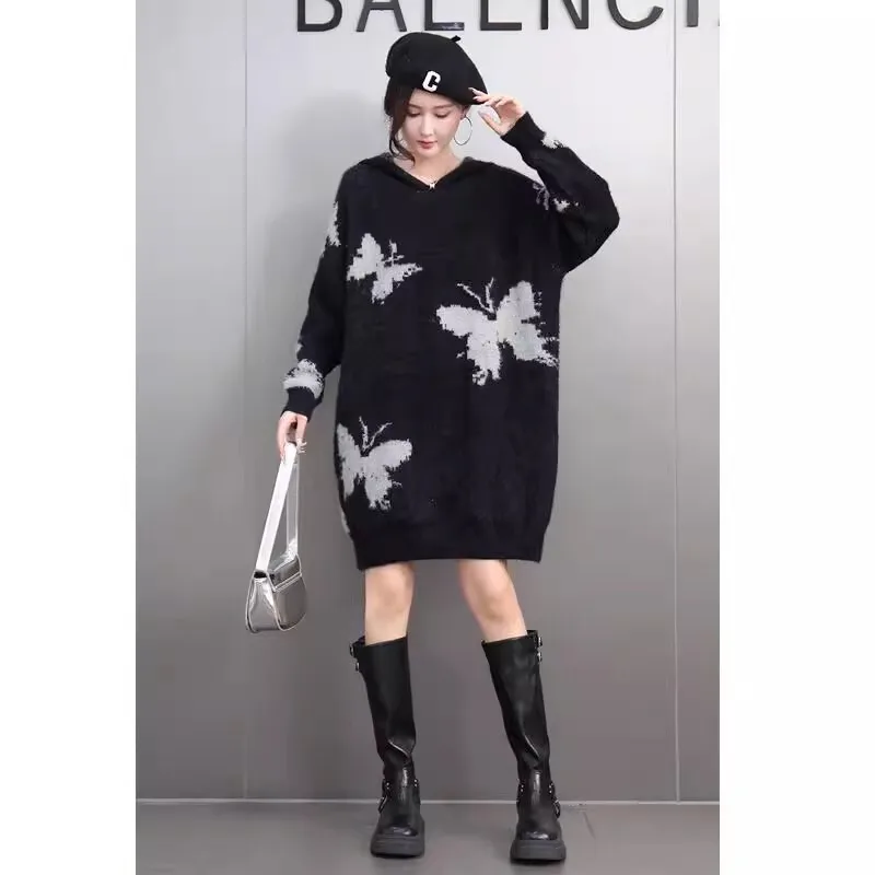 QING MO черный весна-осень 2023 новый женский пуловер с принтом бабочки свитер средней