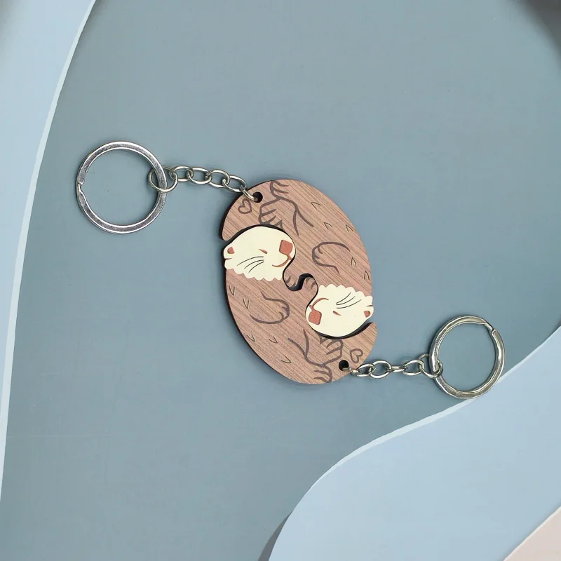 

New Otter Matching Wooden Keychain Cute Animals Keyring Hedgehog Raccoon Puzzles Couple Key Ring Cat Romantic Lovers CP Gift