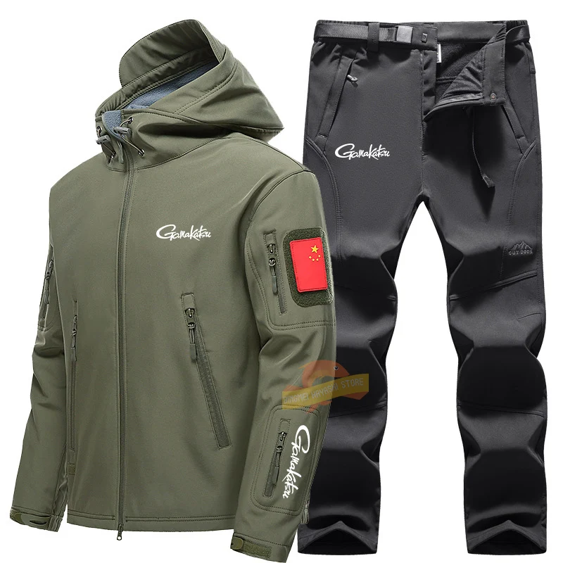 

Autumn Winter Fleece Fishing Set Tracksuits Men Army SoftShell Tactical Waterproof Hooded Jacket Hiking Camping Climbing Clothes
