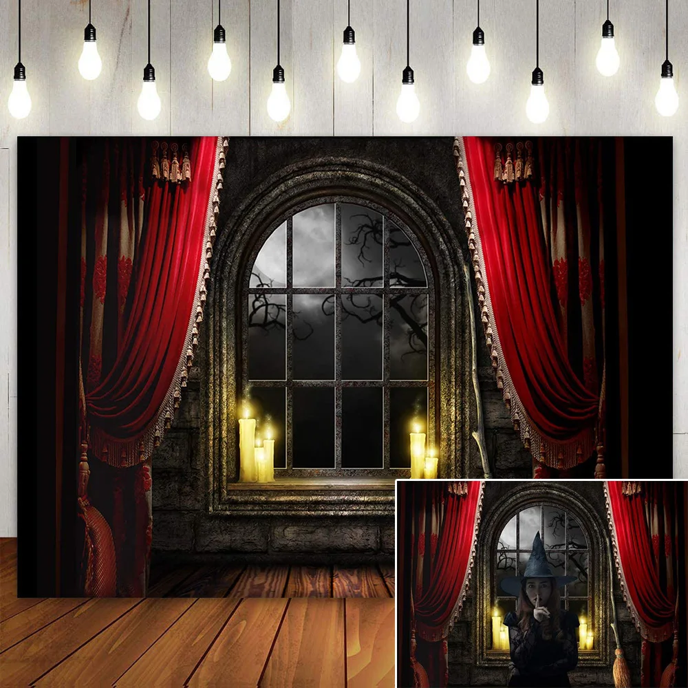 Halloween Party Backdrop Red Curtain Window with Iron Grating Balcony Horror Magic Broom Photo Studio Photography Background