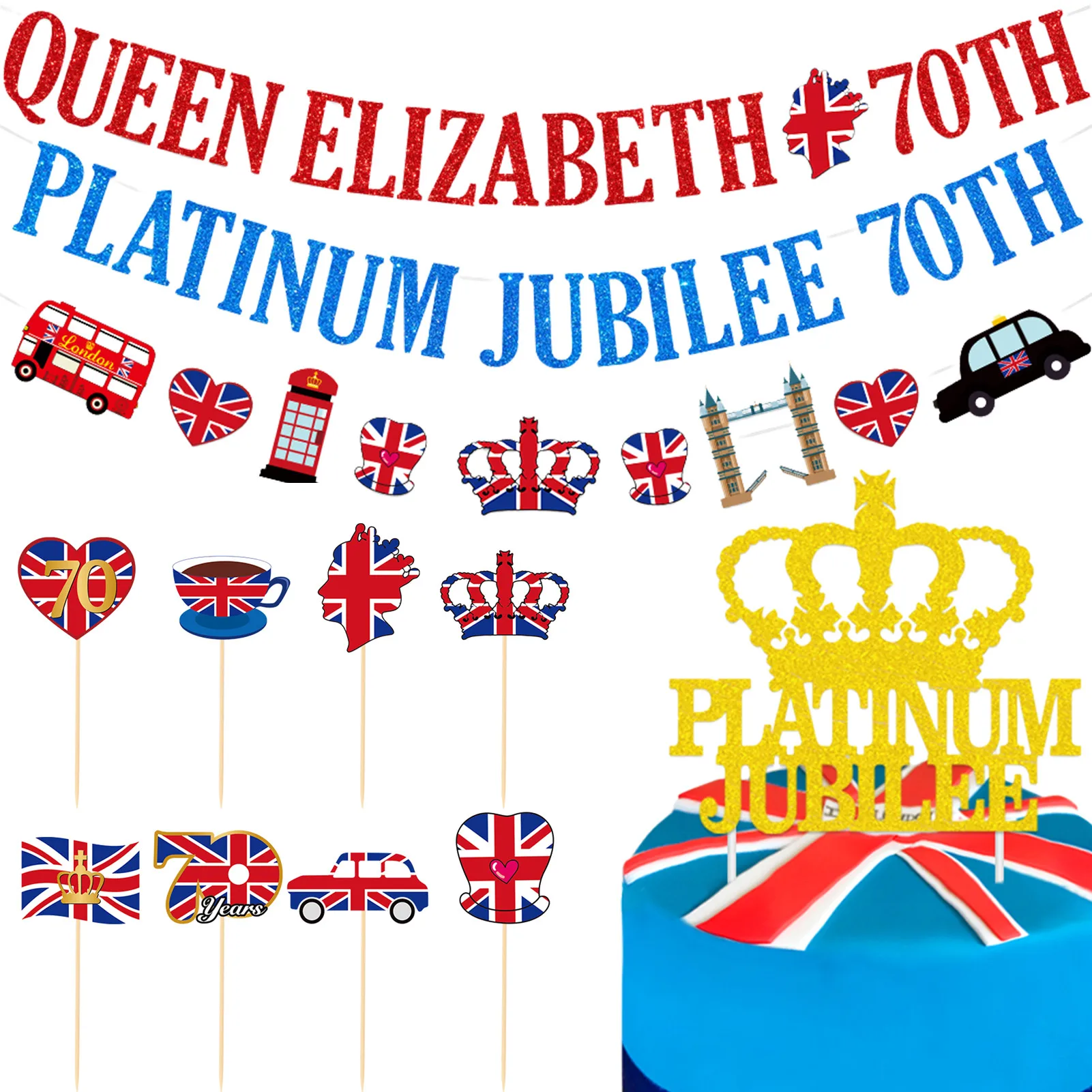 

Украшения для торта Union Jack, 12 шт., украшения для торта «Queen's 70th», «Platinum», «Queen» юбилейные украшения для торта 2022, «Queen's Jack Mix»