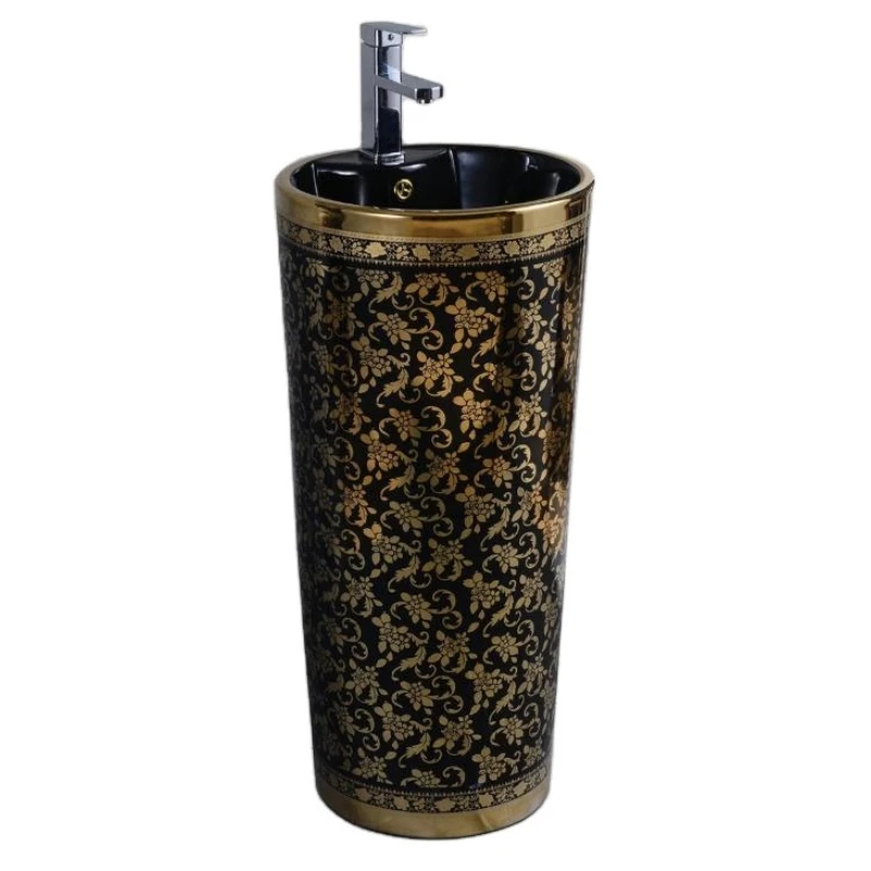 Купи Luxury Bathroom Ceramic Round Single Hole Black Gold Color Pedestal Wash Basin White Glazed Vitreous Basin за 16,296 рублей в магазине AliExpress