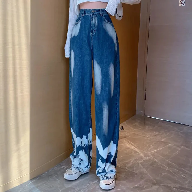 

Women Casual Straight Harajuku Loose Pants 2021 Vintage Tie Dye Denim Pant Female Fashion High Waist Wide Leg Trouser Streetwear