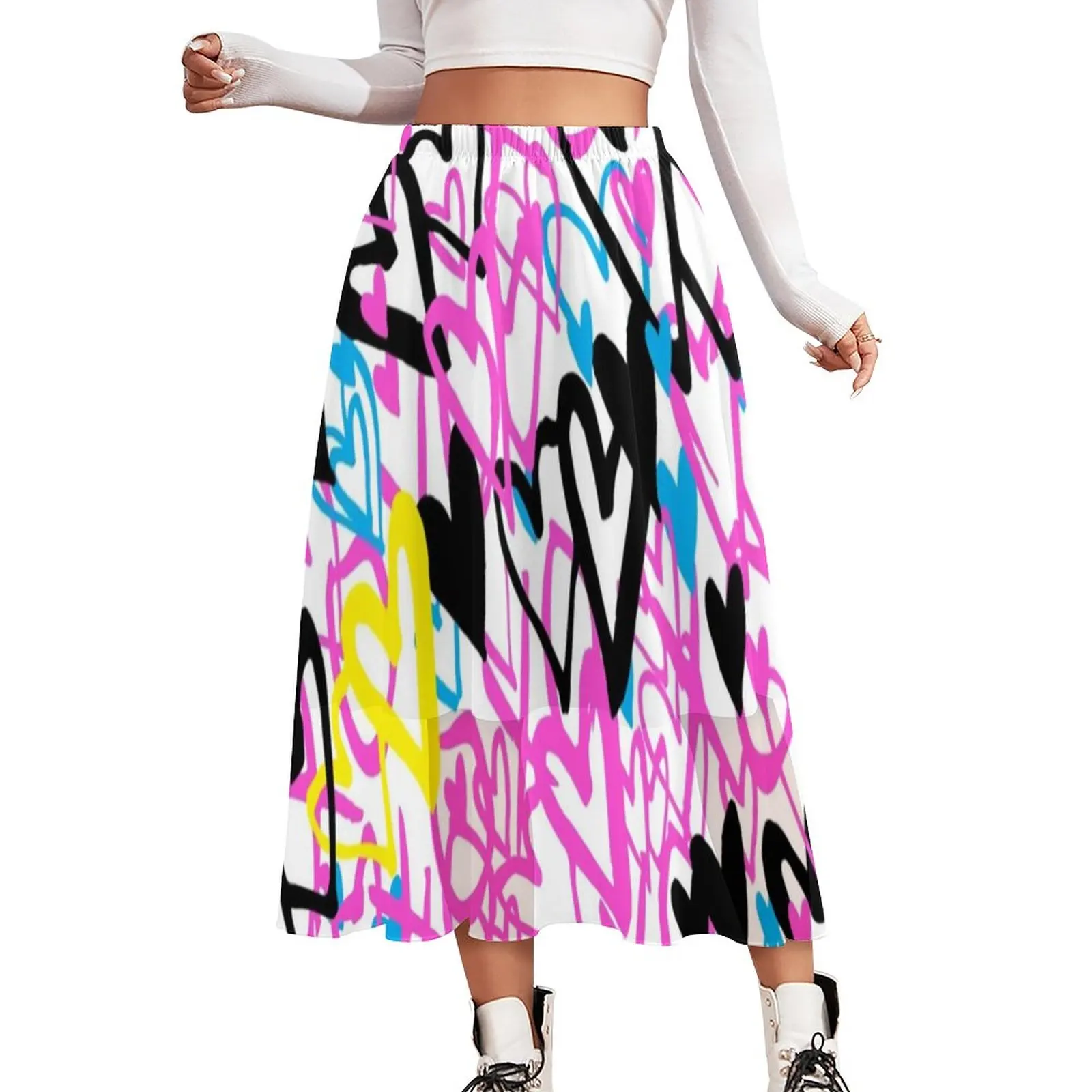 

Nordic Lines Print Skirt Graffiti Hearts Kawaii Long Skirts Women Casual Skirt Summer Elastic Waist Street Wear Bottoms Big Size
