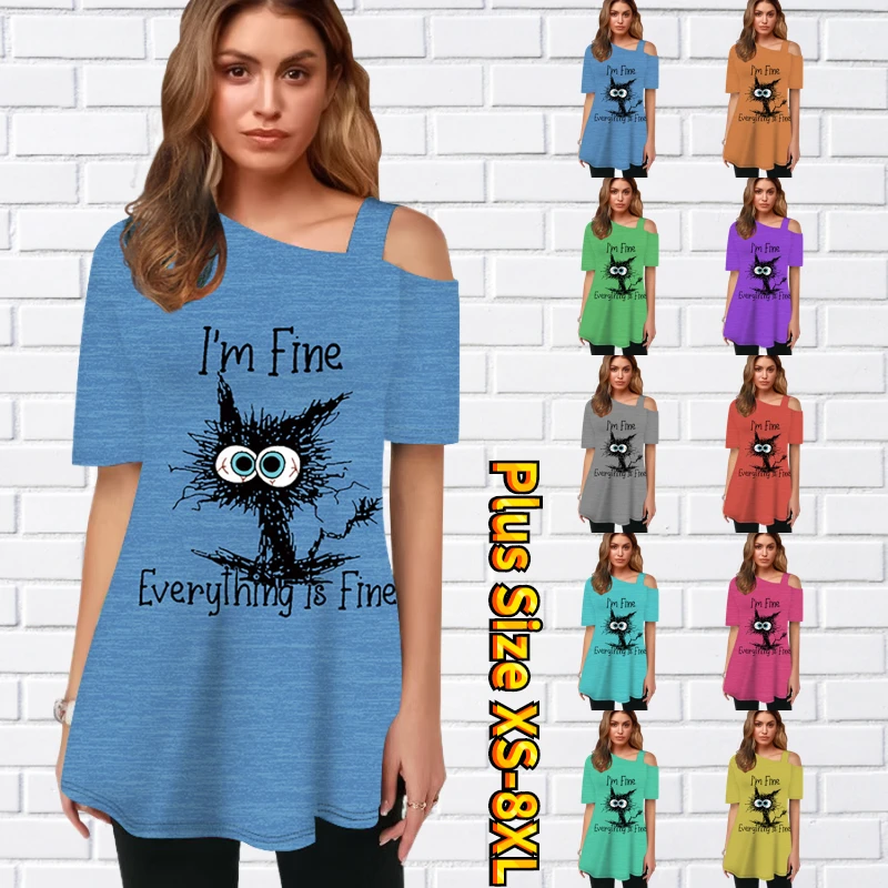 

Cute Cat-printed T-shirt Summer Women Sexy Top Fashion Casual Off-the-shoulder Short Sleeve Daily Inclined Shoulder Pullover