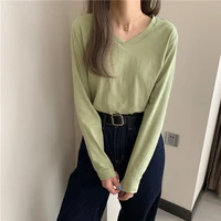 2022 new v neck solid color long sleeved t shirt womens korean version loose bottoming top springautumn casual woman clothes