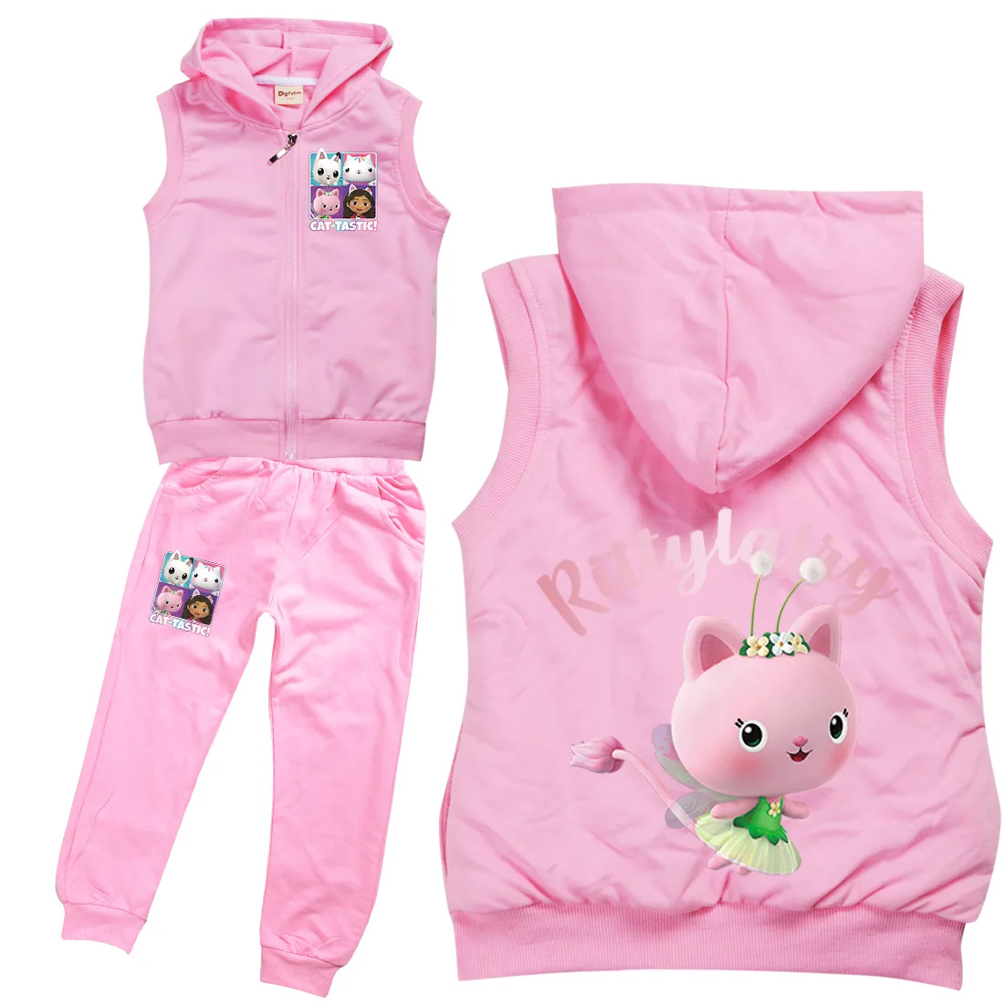 

Girls Gabbys Dollhouse Hoodie Kids Sleeveless Zipper Jacket Coats+Pants 2pcs Sets Toddler Girls Boutique Outfits Boys Sportsuit
