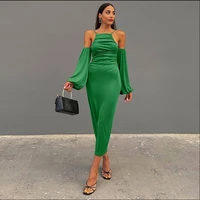 sexy off shoulder elegant long dress puff sleeve pleated suspender green bodycon dress women spring summer party club clothes