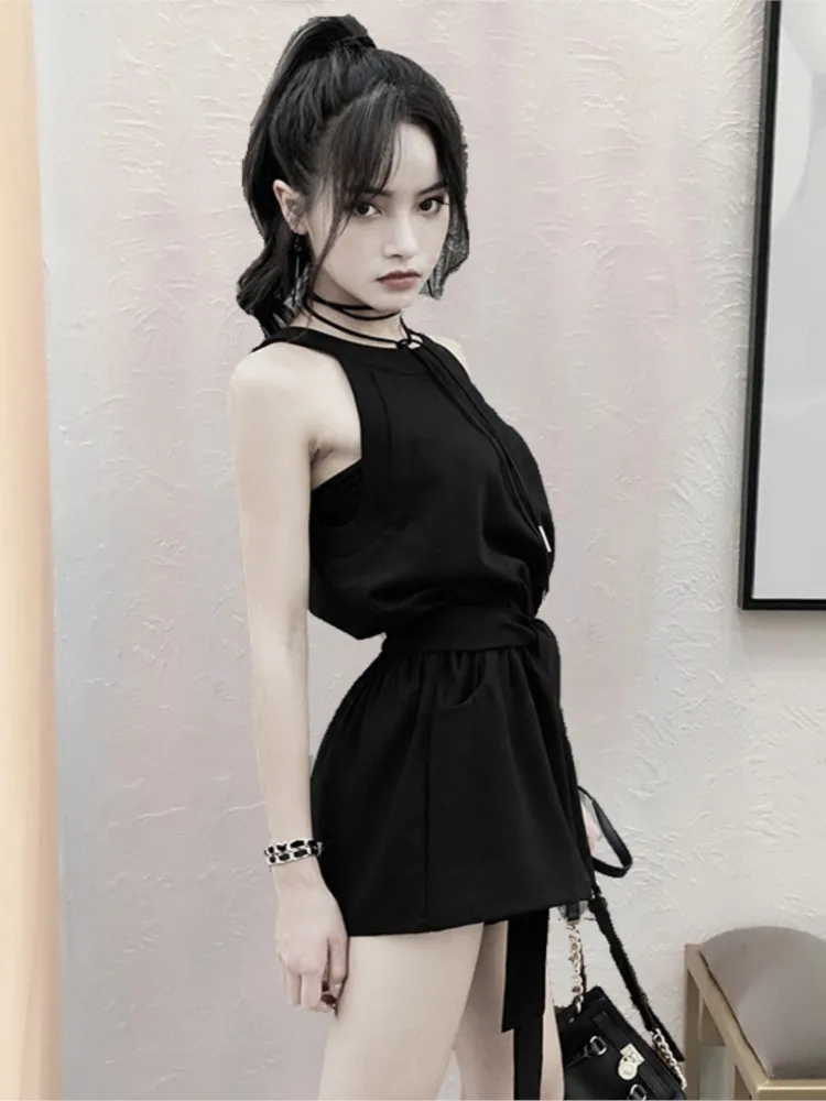 Summer Women Sleeveless Solid Black Elastic Waist Loose Female Sexy Overall Jumpsuit Romper Summer Shorts Woman N10